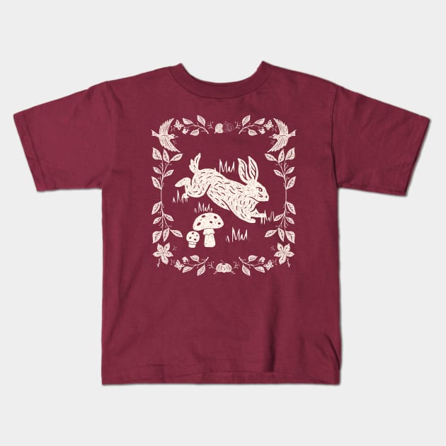 Cottagecore Linocut Bunny Kids T-Shirt by Magnolia Meadows